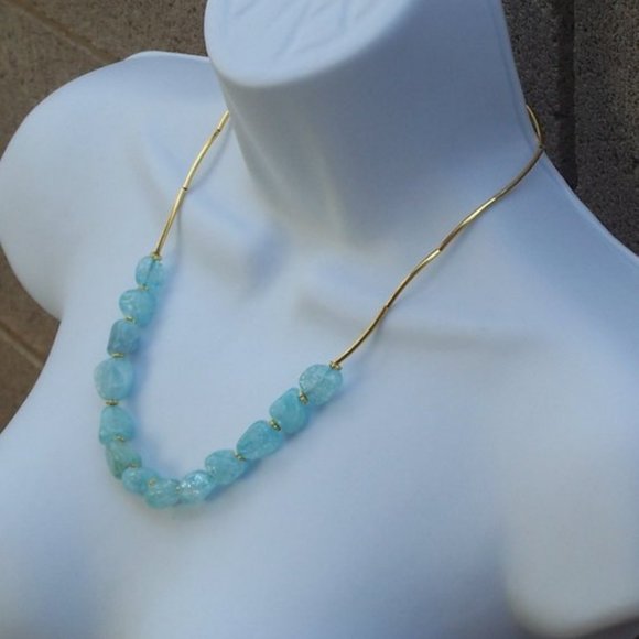 Handmade Necklace With Blue Quartz Free From Stones and Gold Plated Brass Tubes - Picture 9 of 16